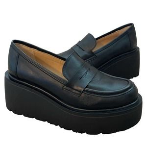 Anthropologie Maeve Platform Loafers Black Leather Lug Sole Edgy Size 7 - 7.5